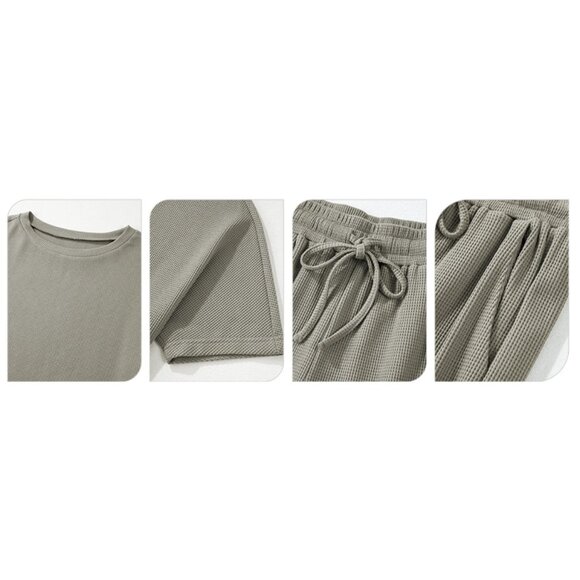 NEW SHEWIN 2 PC Lounge Set - Casual Waffle Knit Short Sleeve Top/Wide Leg Pant - Picture 5 of 6